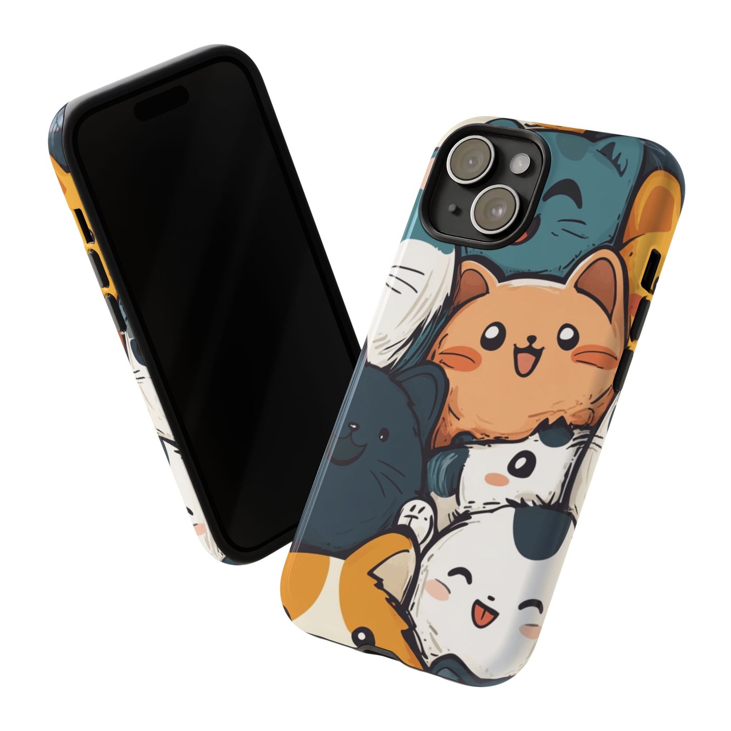 Multi-colored phone case with clustered, smiling Kawaii-style cat faces.