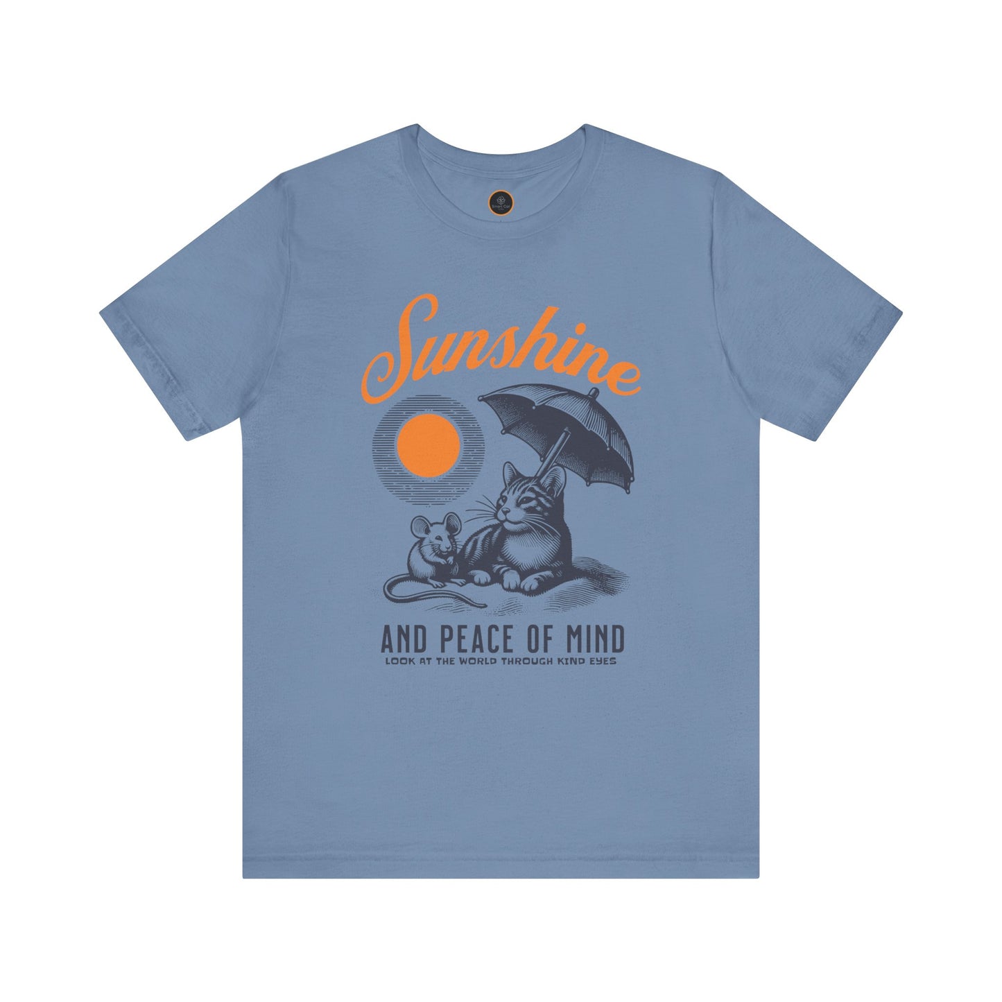 The "Sunshine and Peace of Mind" T-shirt. Featuringa graphic of a cat and mouse sharing shade under a sunny beach umbrella.