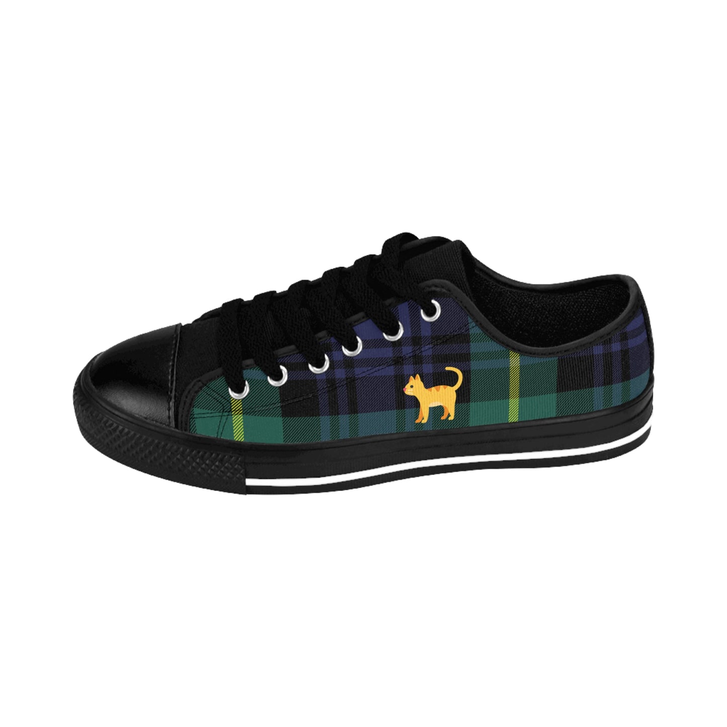 Women's Alley Cat Kicks low top sneakers: green plaid all-over print, yellow cat graphic on side.