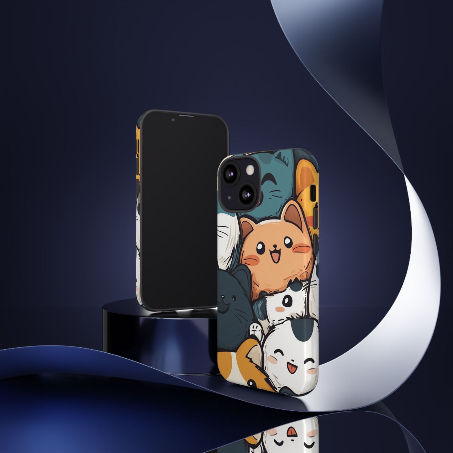 Multi-colored phone case with clustered, smiling Kawaii-style cat faces.