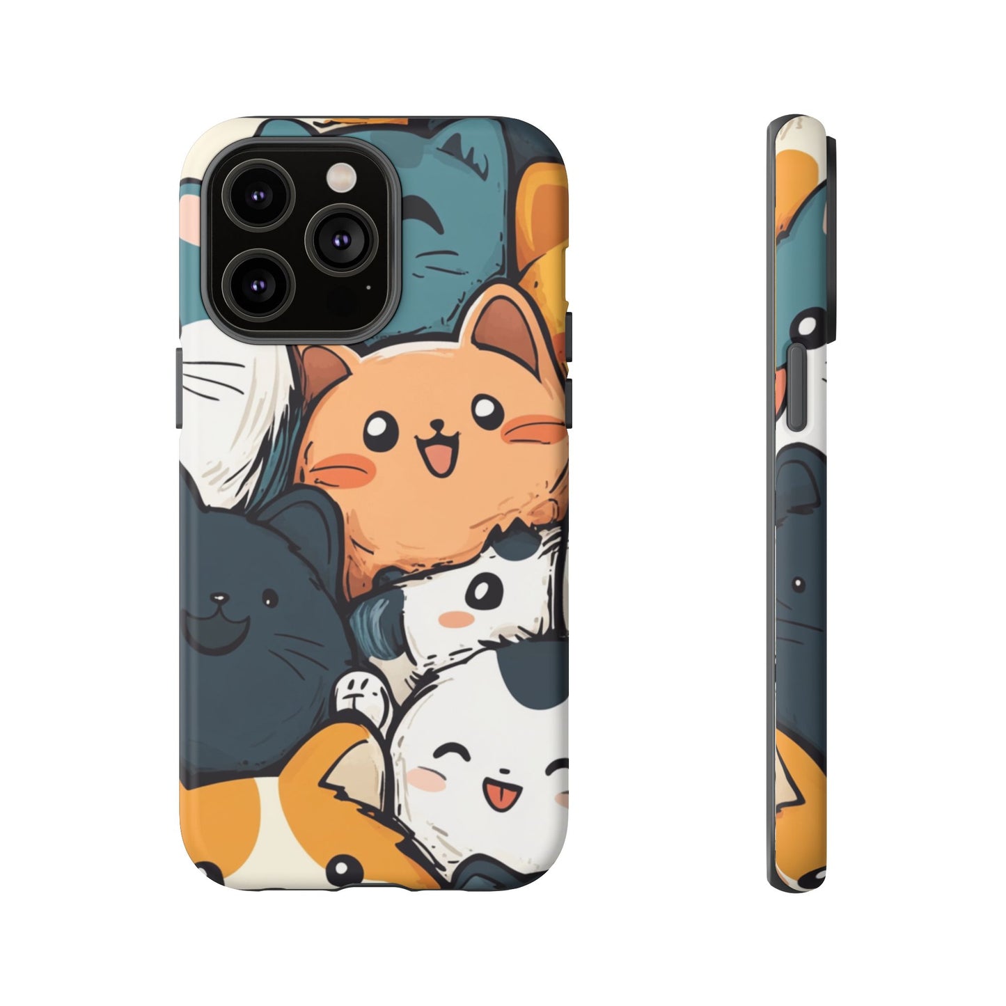 Multi-colored phone case with clustered, smiling Kawaii-style cat faces.
