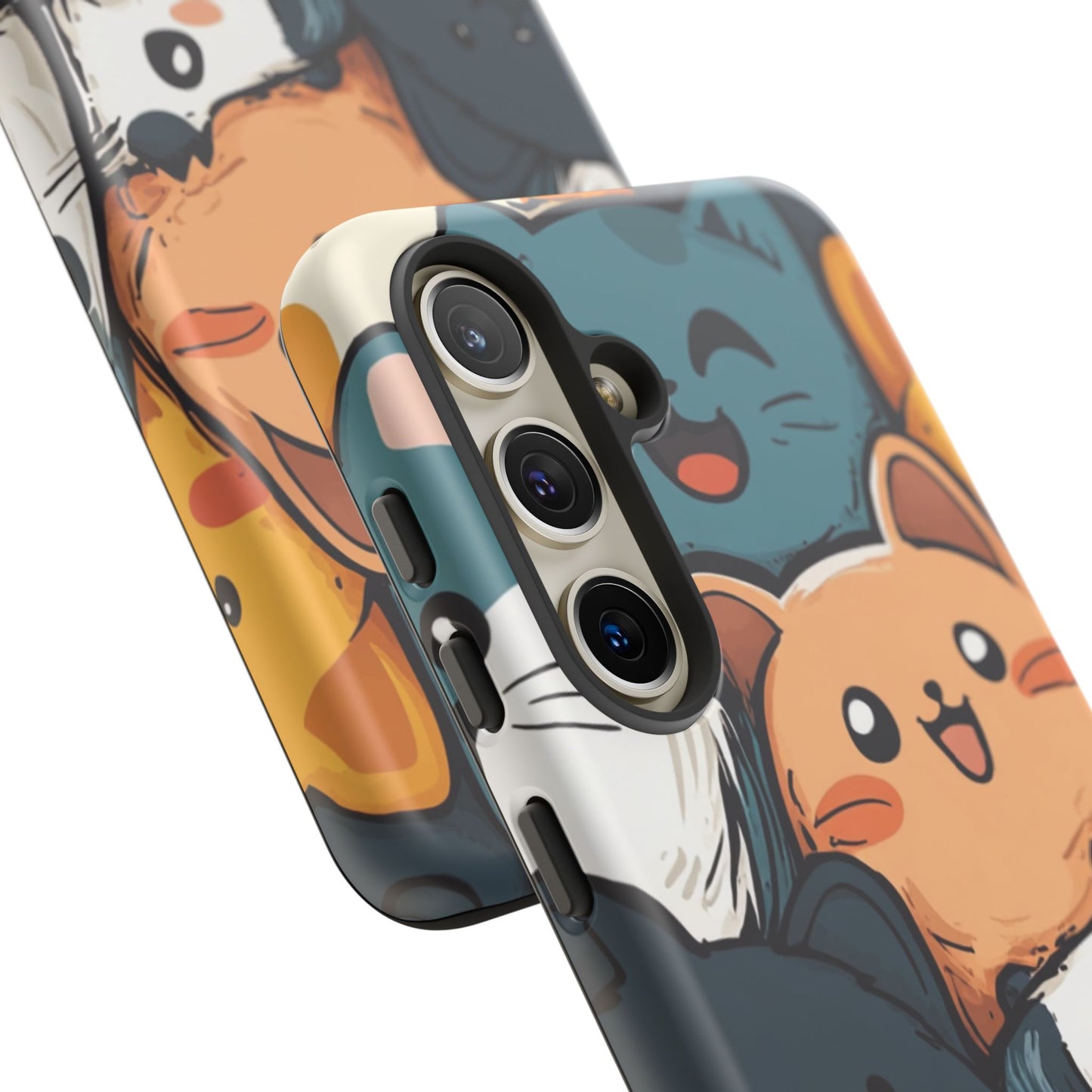 Multi-colored phone case with clustered, smiling Kawaii-style cat faces.