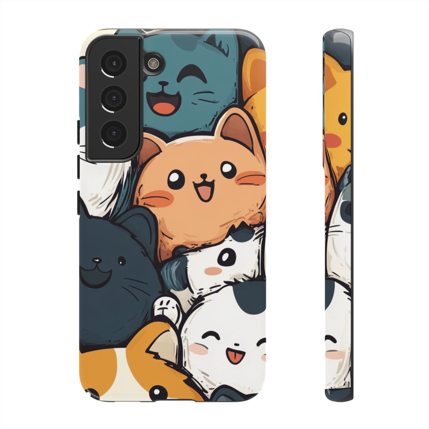 Multi-colored phone case with clustered, smiling Kawaii-style cat faces.