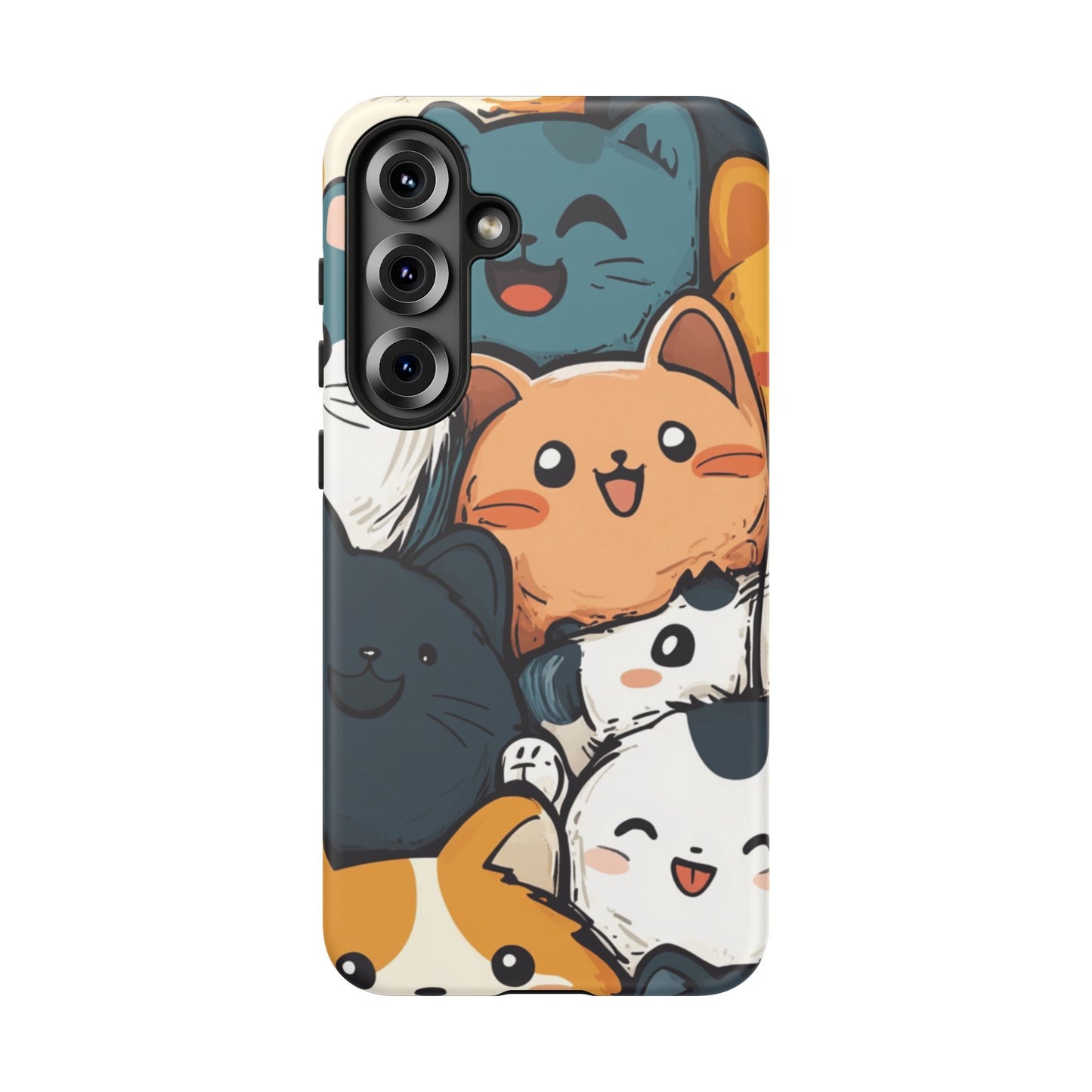 Multi-colored phone case with clustered, smiling Kawaii-style cat faces.