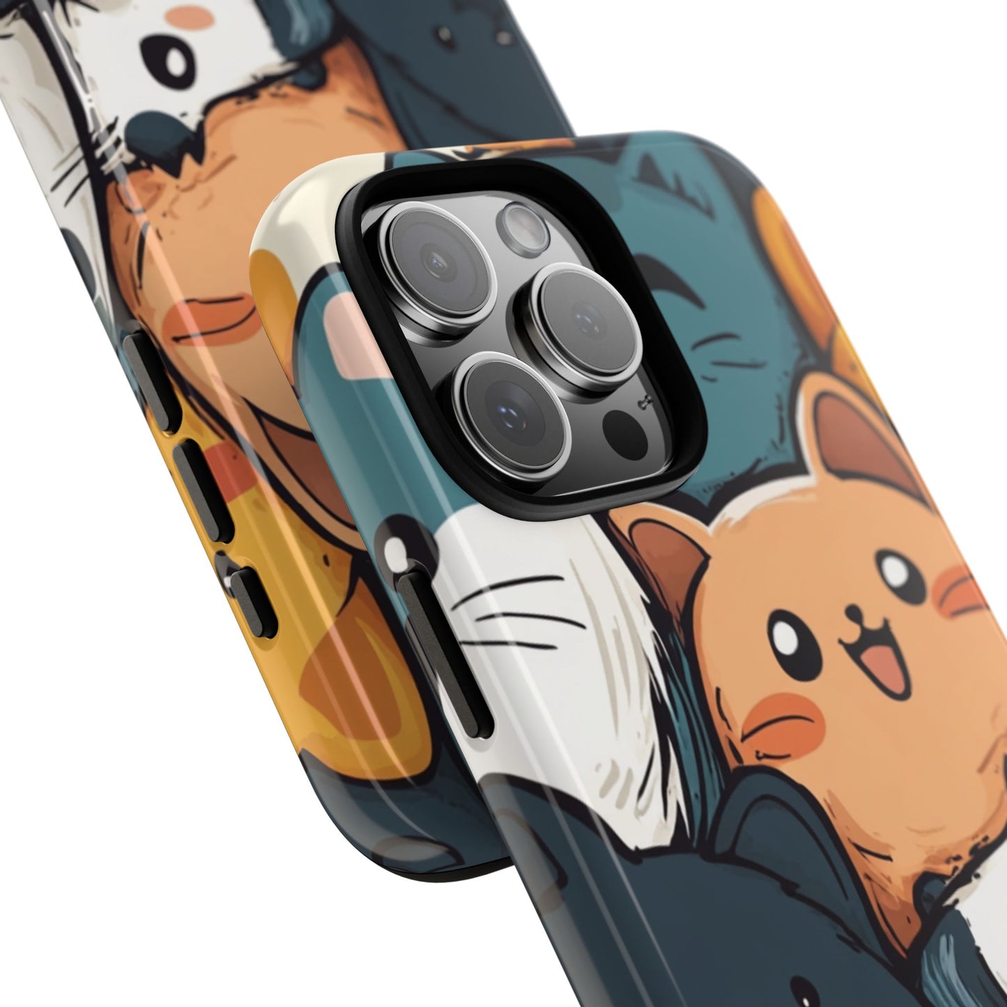 Multi-colored phone case with clustered, smiling Kawaii-style cat faces.