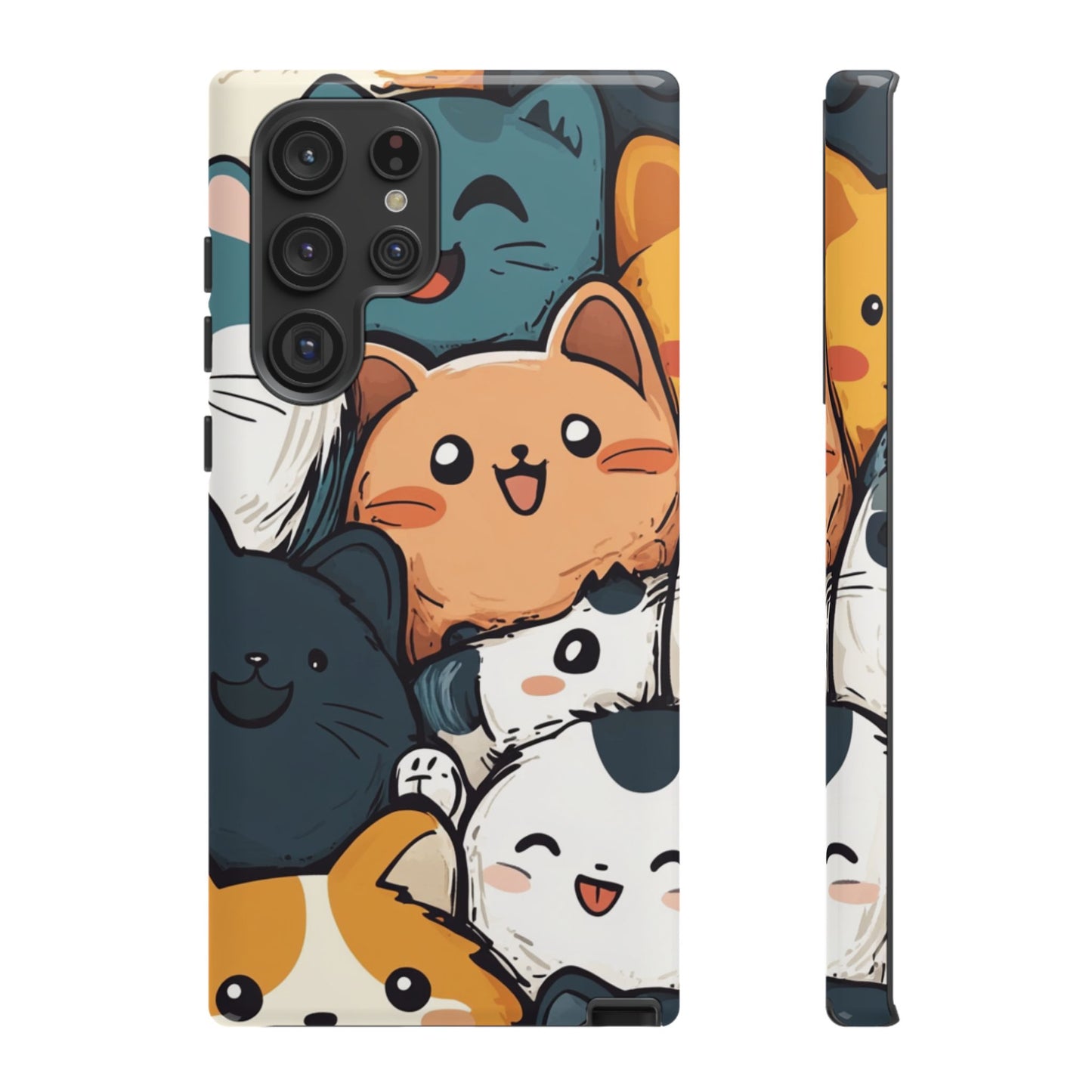 Multi-colored phone case with clustered, smiling Kawaii-style cat faces.