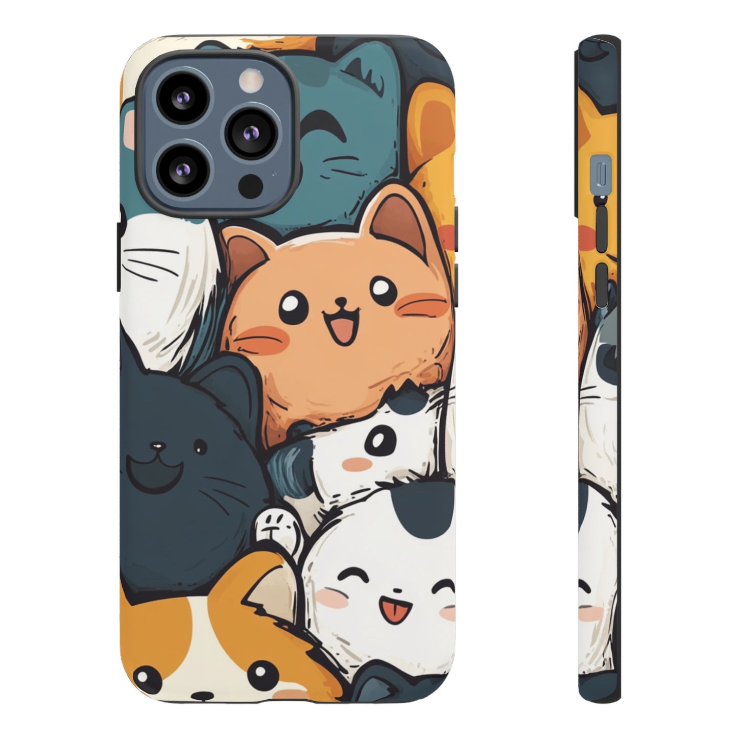 Multi-colored phone case with clustered, smiling Kawaii-style cat faces.