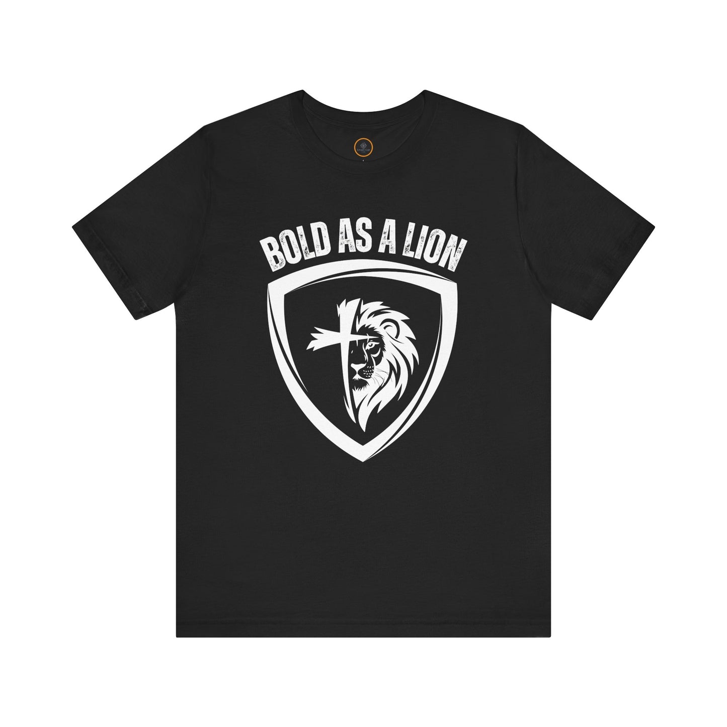 The Bold As A Lion t-shirt: Featuring a graphic with half of a lion's face merging into half of a cross within a shield outline. The text "bold as a lion" is printed above the graphic.