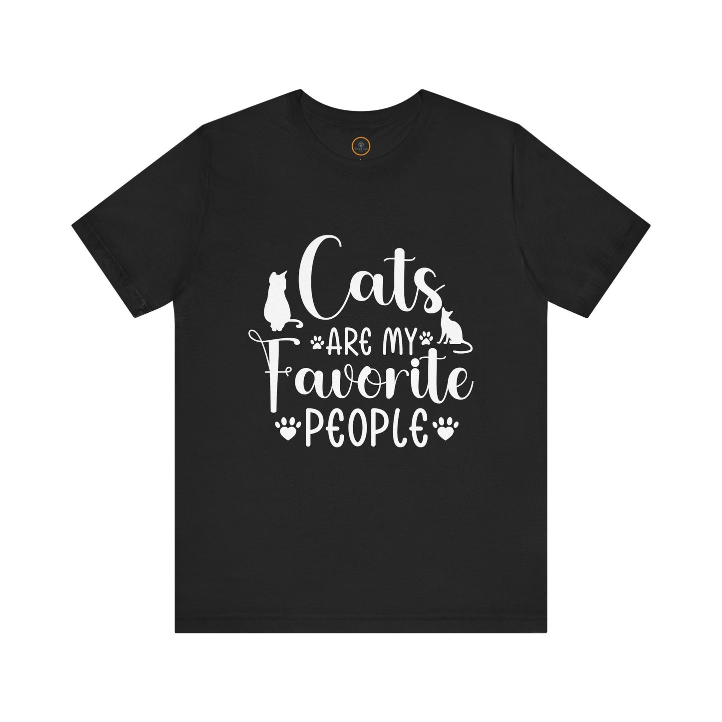 A t-shirt displays the text "Cats are my favorite people" in large letters, complemented by a design of four cat paw prints and two cat silhouettes.
