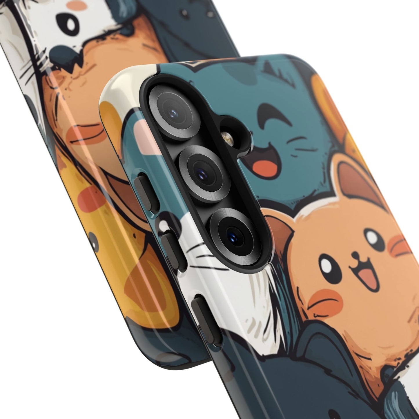 Multi-colored phone case with clustered, smiling Kawaii-style cat faces.