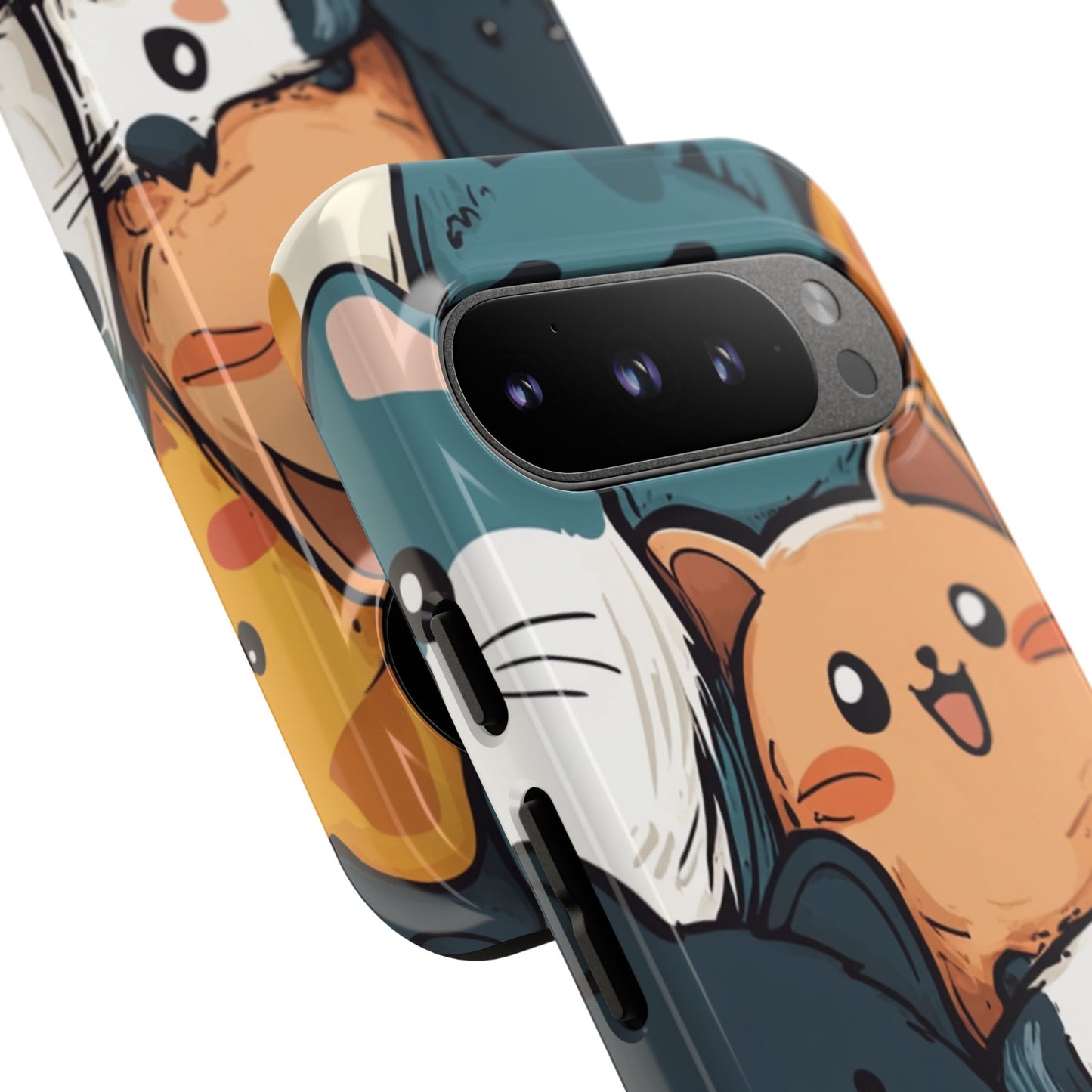 Multi-colored phone case with clustered, smiling Kawaii-style cat faces.