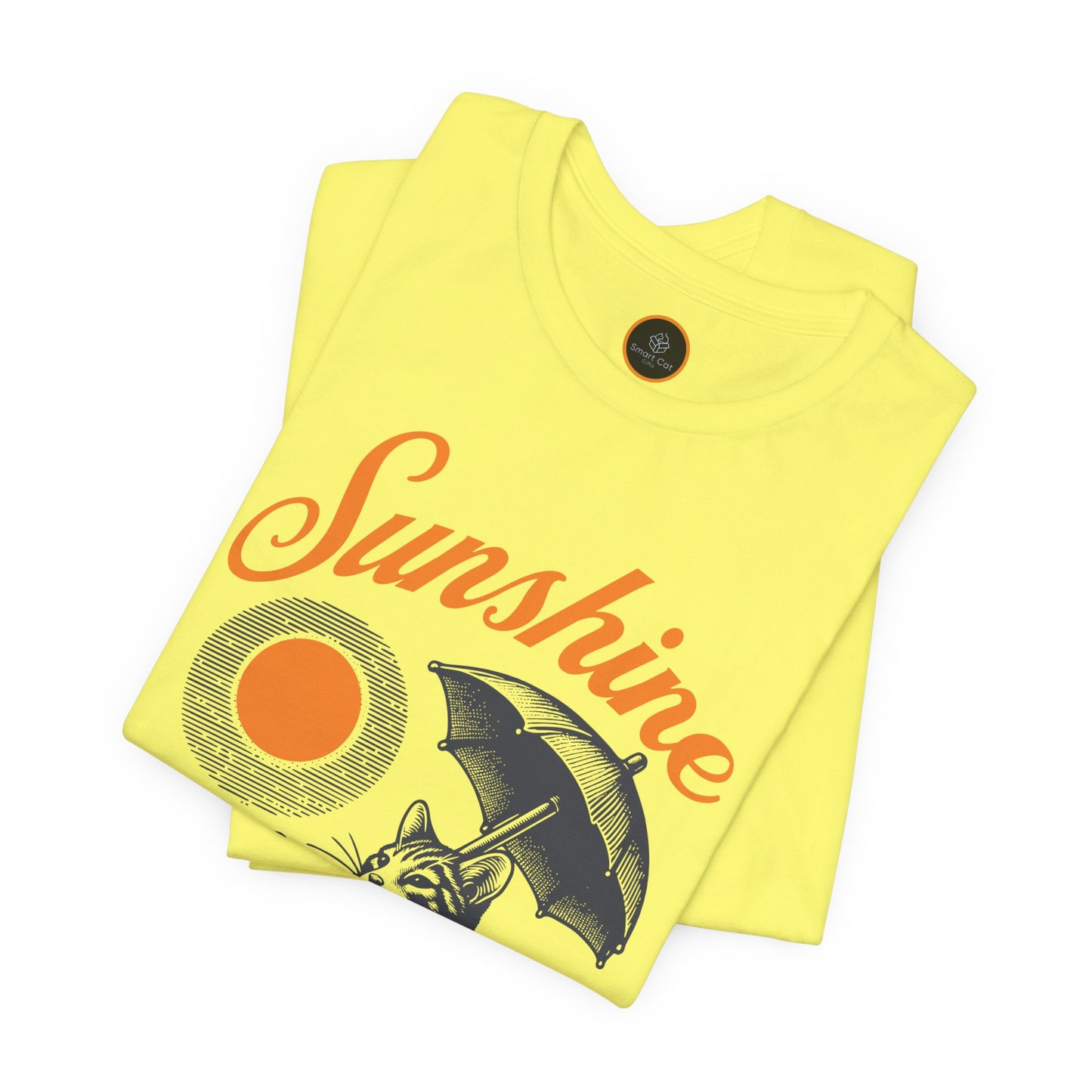 The "Sunshine and Peace of Mind" T-shirt. Featuringa graphic of a cat and mouse sharing shade under a sunny beach umbrella.