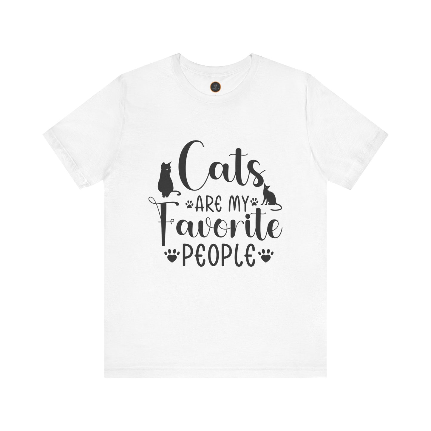 A t-shirt displays the text "Cats are my favorite people" in large letters, complemented by a design of four cat paw prints and two cat silhouettes.