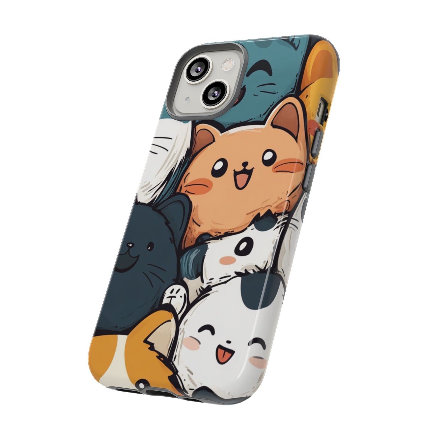 Multi-colored phone case with clustered, smiling Kawaii-style cat faces.