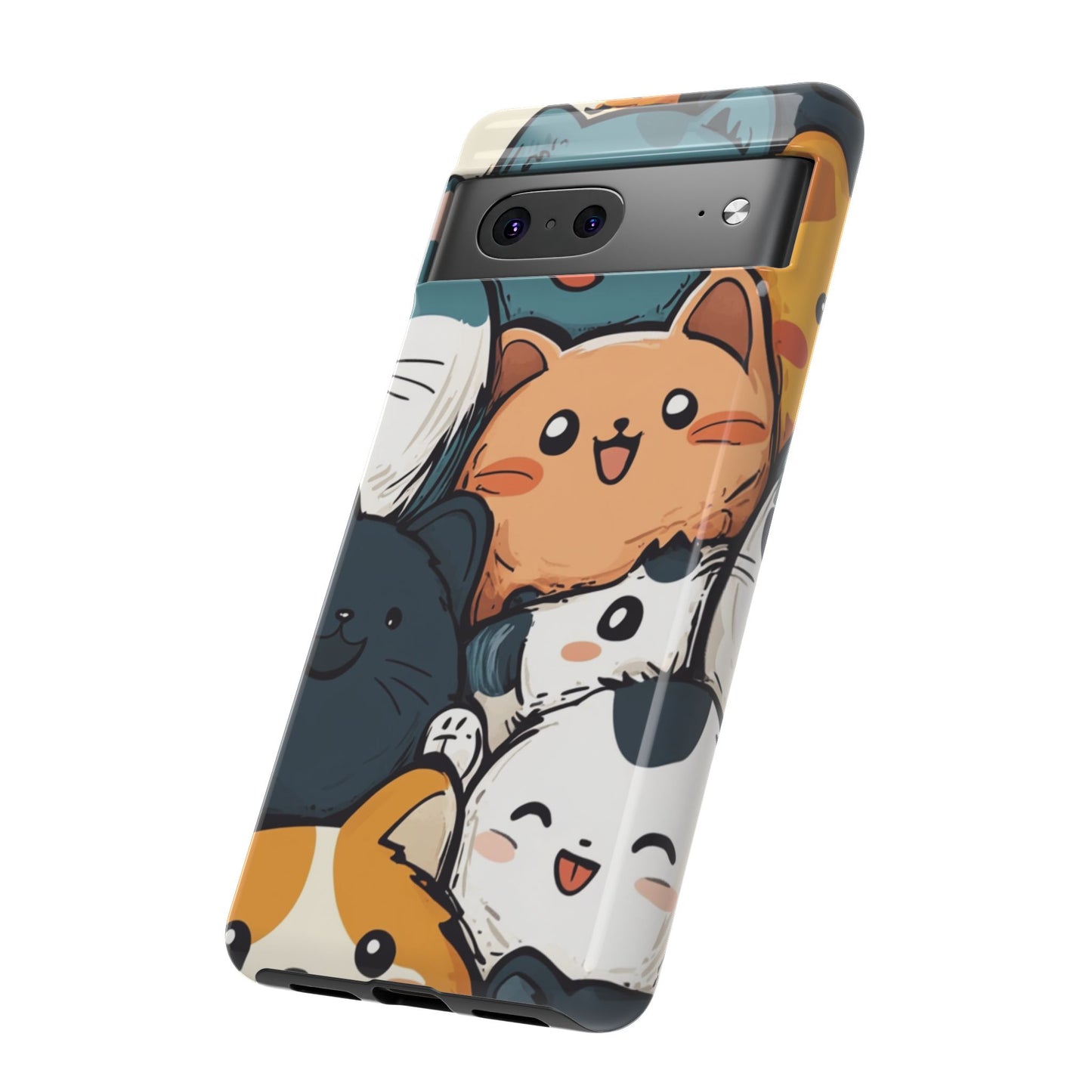 Multi-colored phone case with clustered, smiling Kawaii-style cat faces.