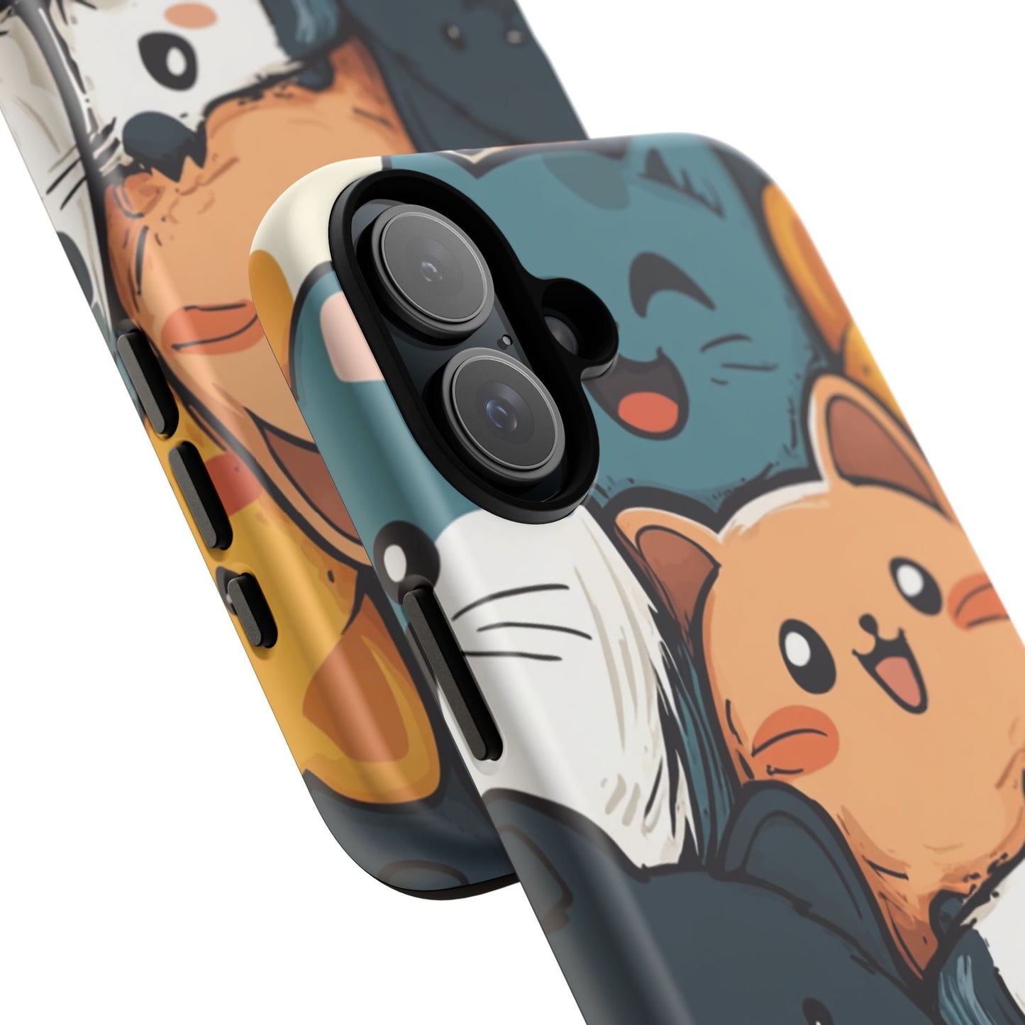 Multi-colored phone case with clustered, smiling Kawaii-style cat faces.