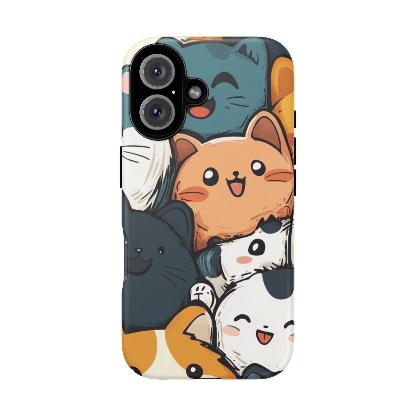 Multi-colored phone case with clustered, smiling Kawaii-style cat faces.