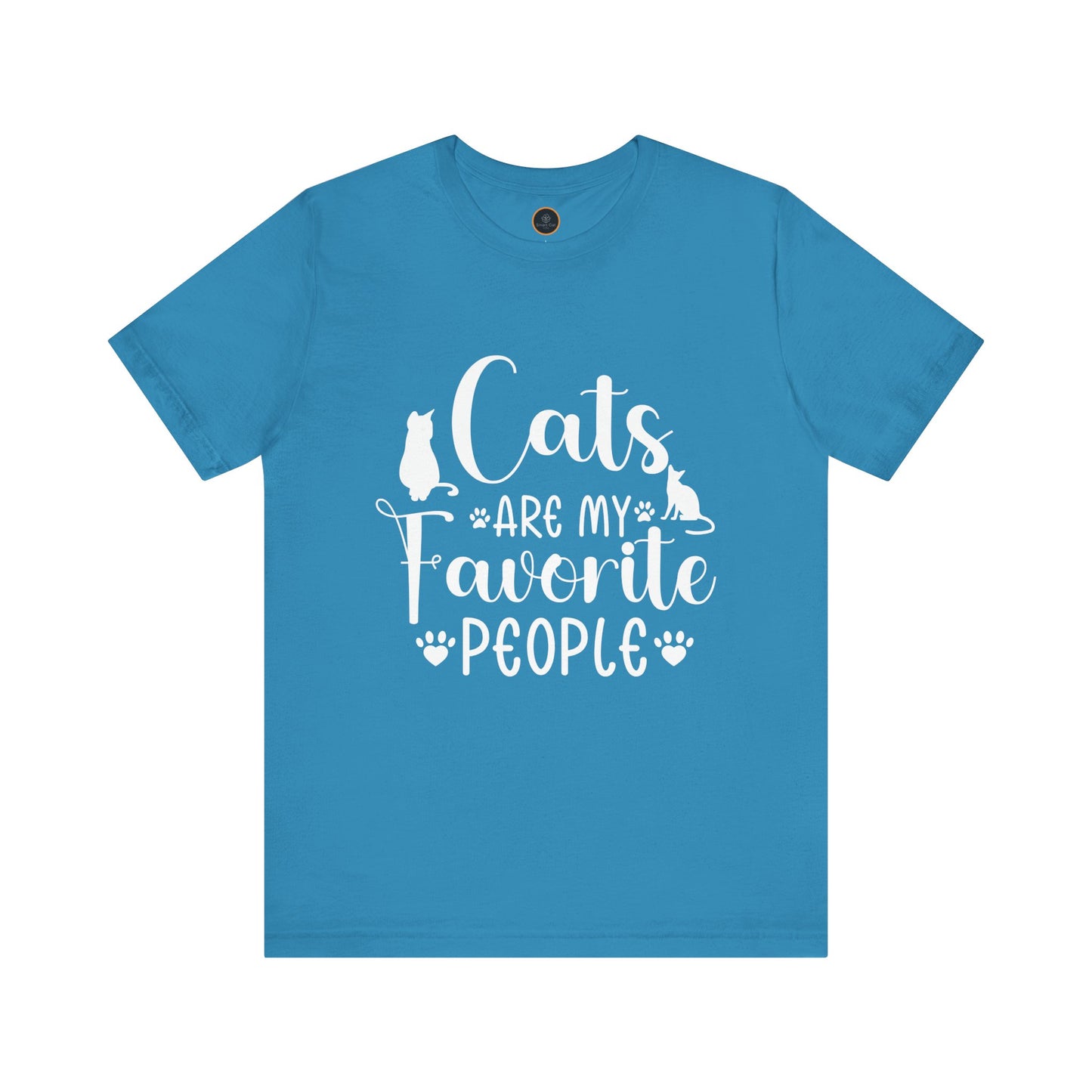A t-shirt displays the text "Cats are my favorite people" in large letters, complemented by a design of four cat paw prints and two cat silhouettes.