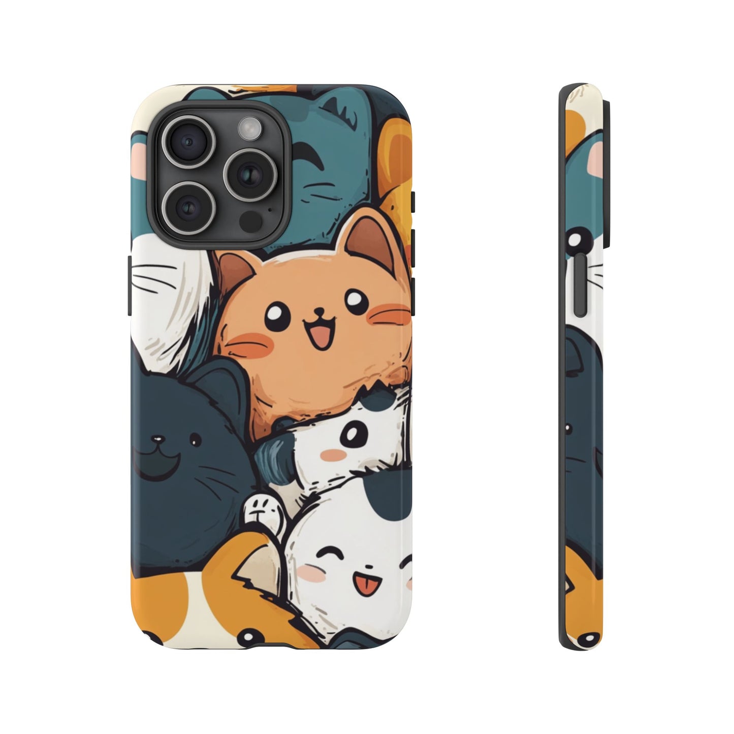 Multi-colored phone case with clustered, smiling Kawaii-style cat faces.