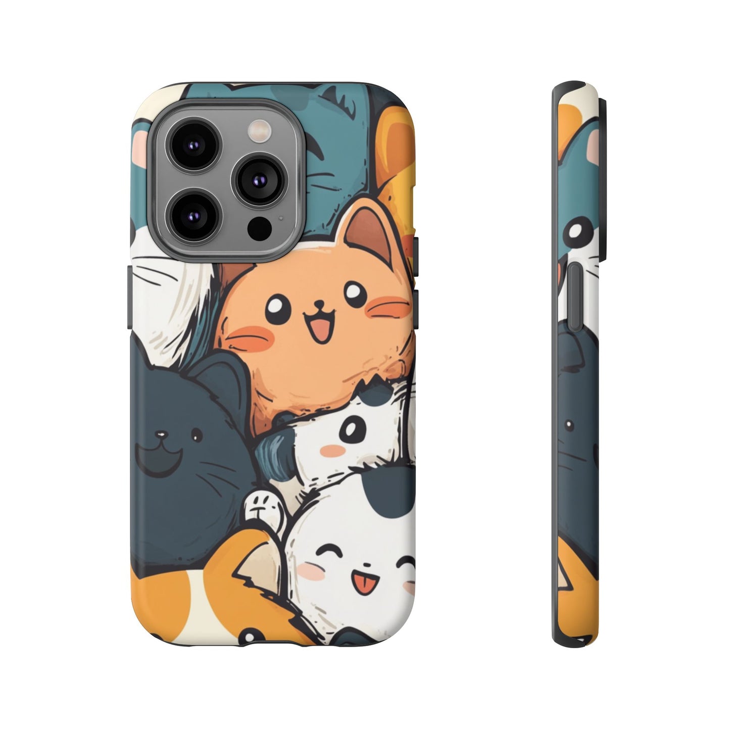 Multi-colored phone case with clustered, smiling Kawaii-style cat faces.