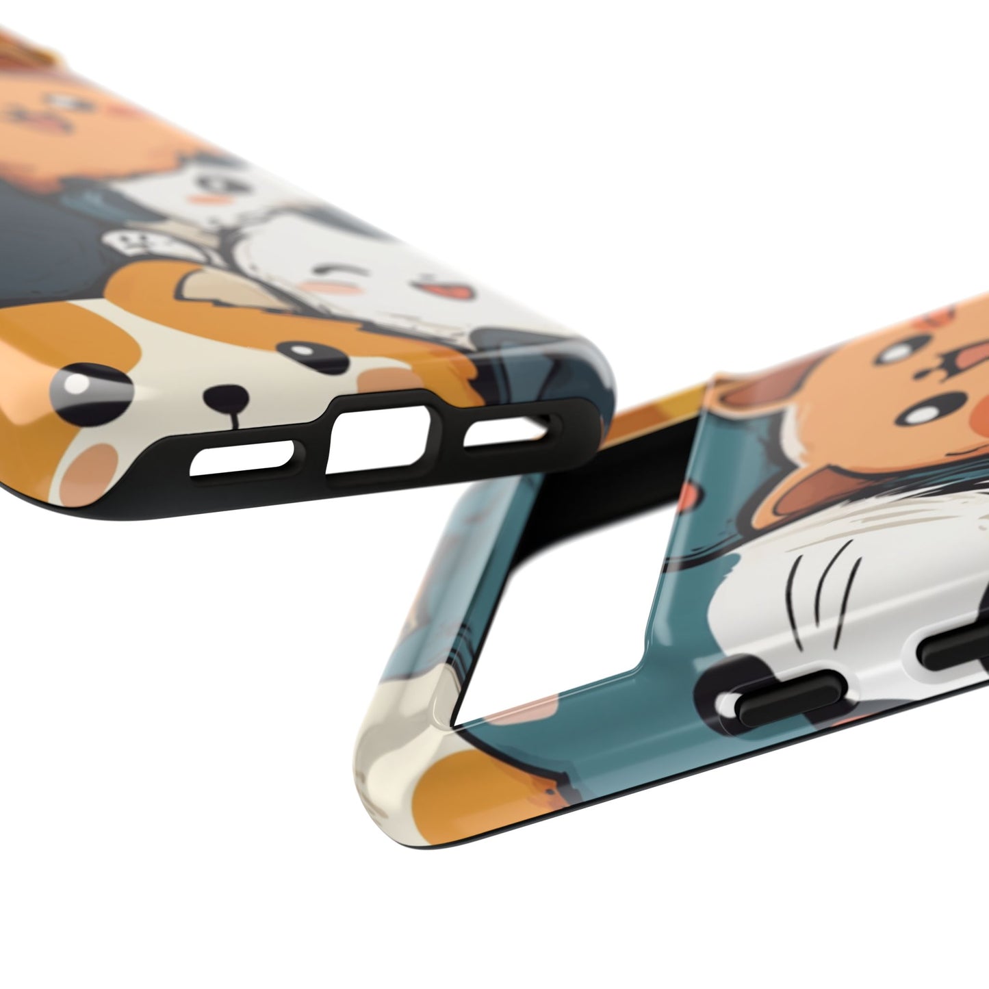 Multi-colored phone case with clustered, smiling Kawaii-style cat faces.