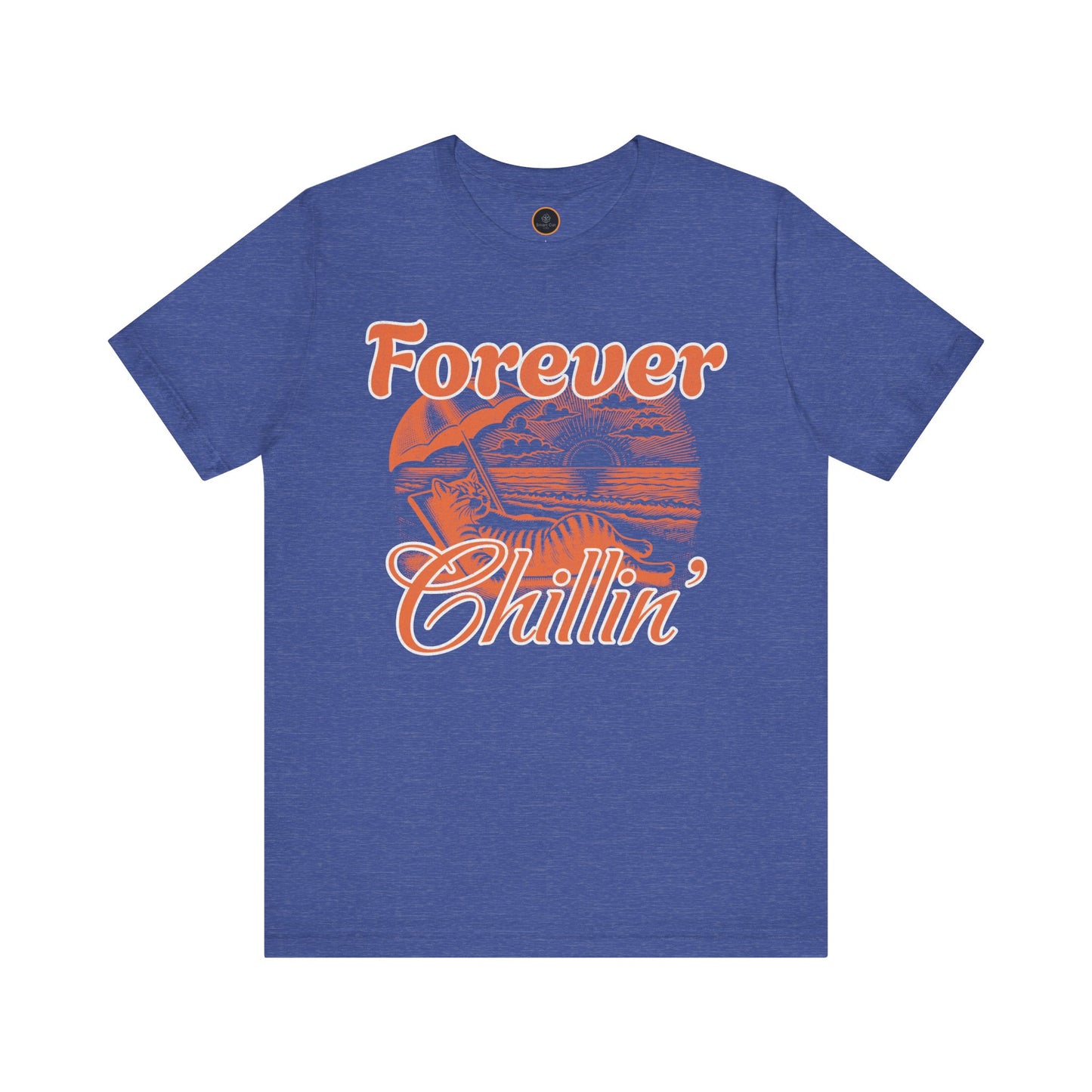A graphic on the "Forever Chillin'" T-shirt shows a relaxed cat lounging in a beach chair on a sandy beach, with ocean waves and a setting sun visible in the background.
