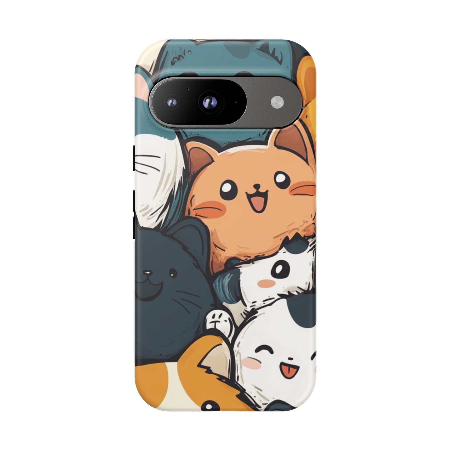 Multi-colored phone case with clustered, smiling Kawaii-style cat faces.