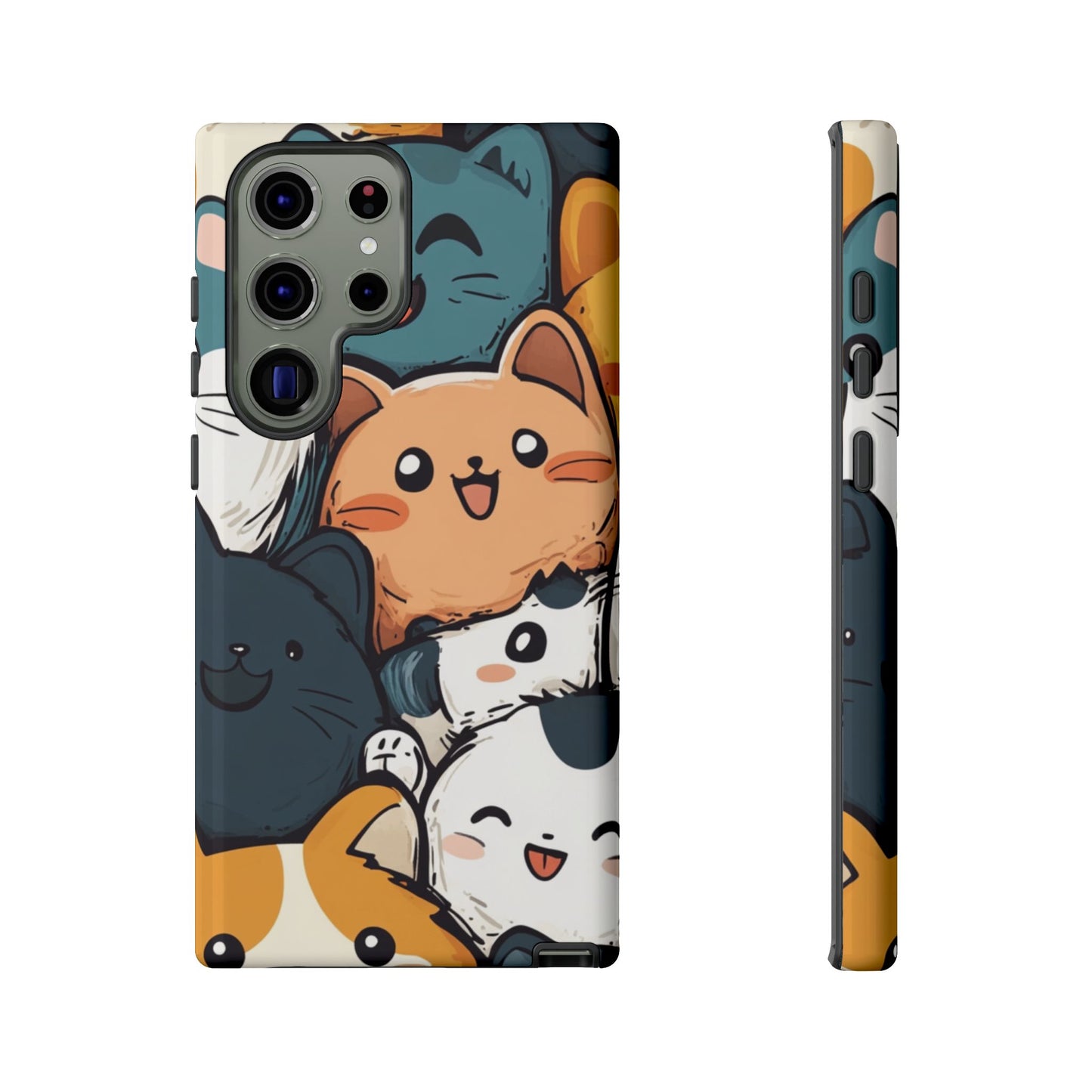 Multi-colored phone case with clustered, smiling Kawaii-style cat faces.