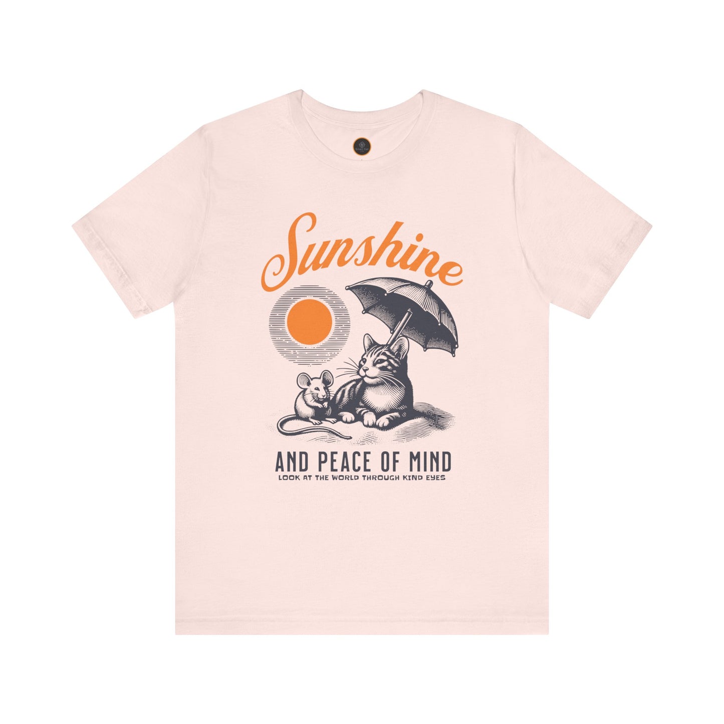 The "Sunshine and Peace of Mind" T-shirt. Featuringa graphic of a cat and mouse sharing shade under a sunny beach umbrella.