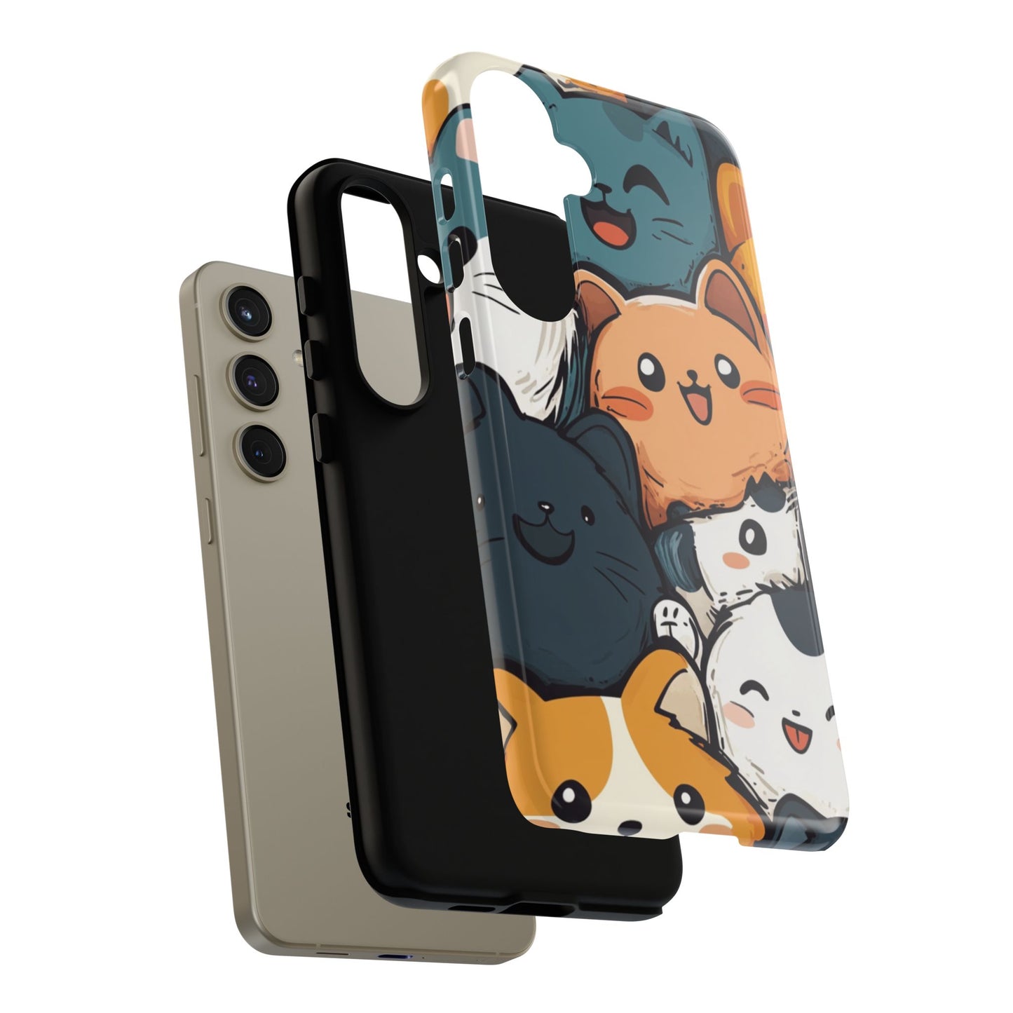 Multi-colored phone case with clustered, smiling Kawaii-style cat faces.
