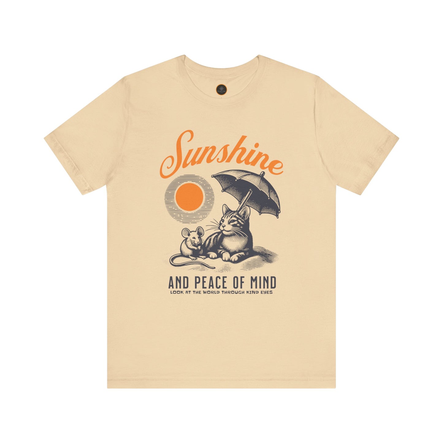 The "Sunshine and Peace of Mind" T-shirt. Featuringa graphic of a cat and mouse sharing shade under a sunny beach umbrella.