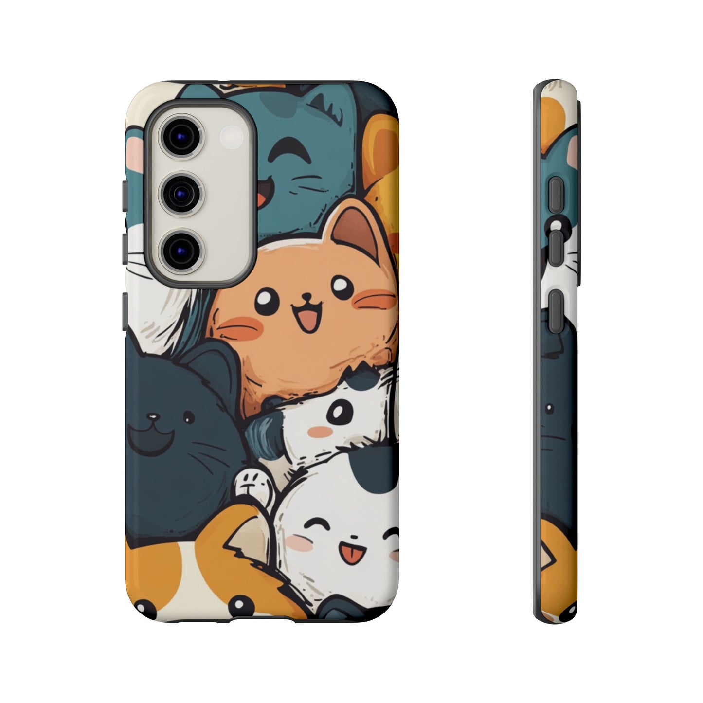 Multi-colored phone case with clustered, smiling Kawaii-style cat faces.