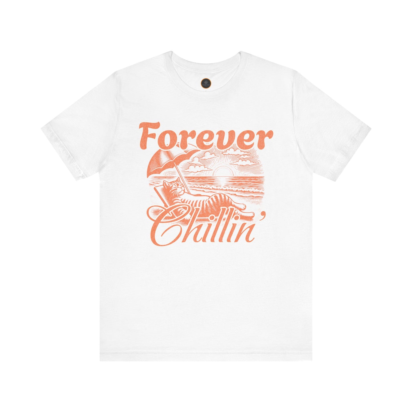A graphic on the "Forever Chillin'" T-shirt shows a relaxed cat lounging in a beach chair on a sandy beach, with ocean waves and a setting sun visible in the background.