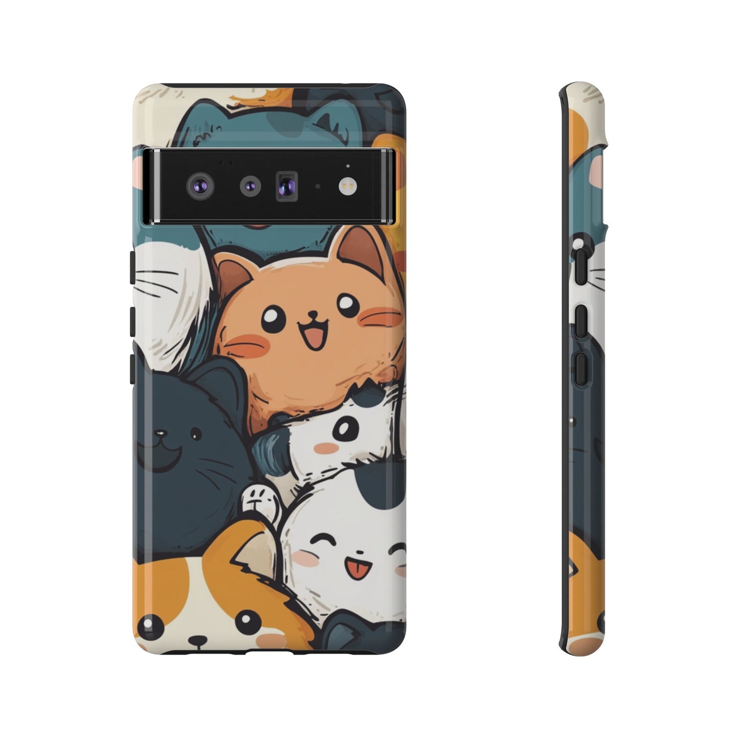 Multi-colored phone case with clustered, smiling Kawaii-style cat faces.