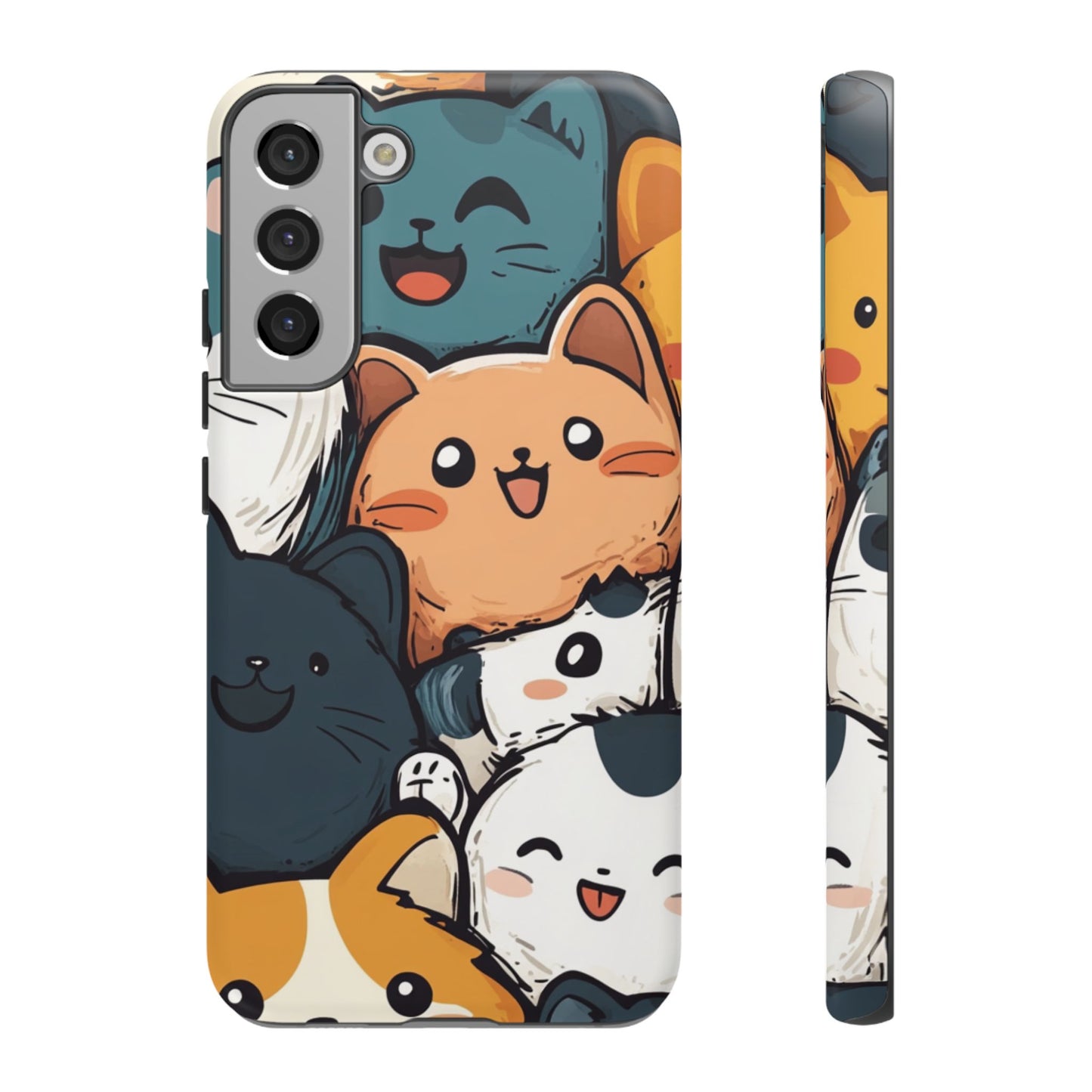 Multi-colored phone case with clustered, smiling Kawaii-style cat faces.
