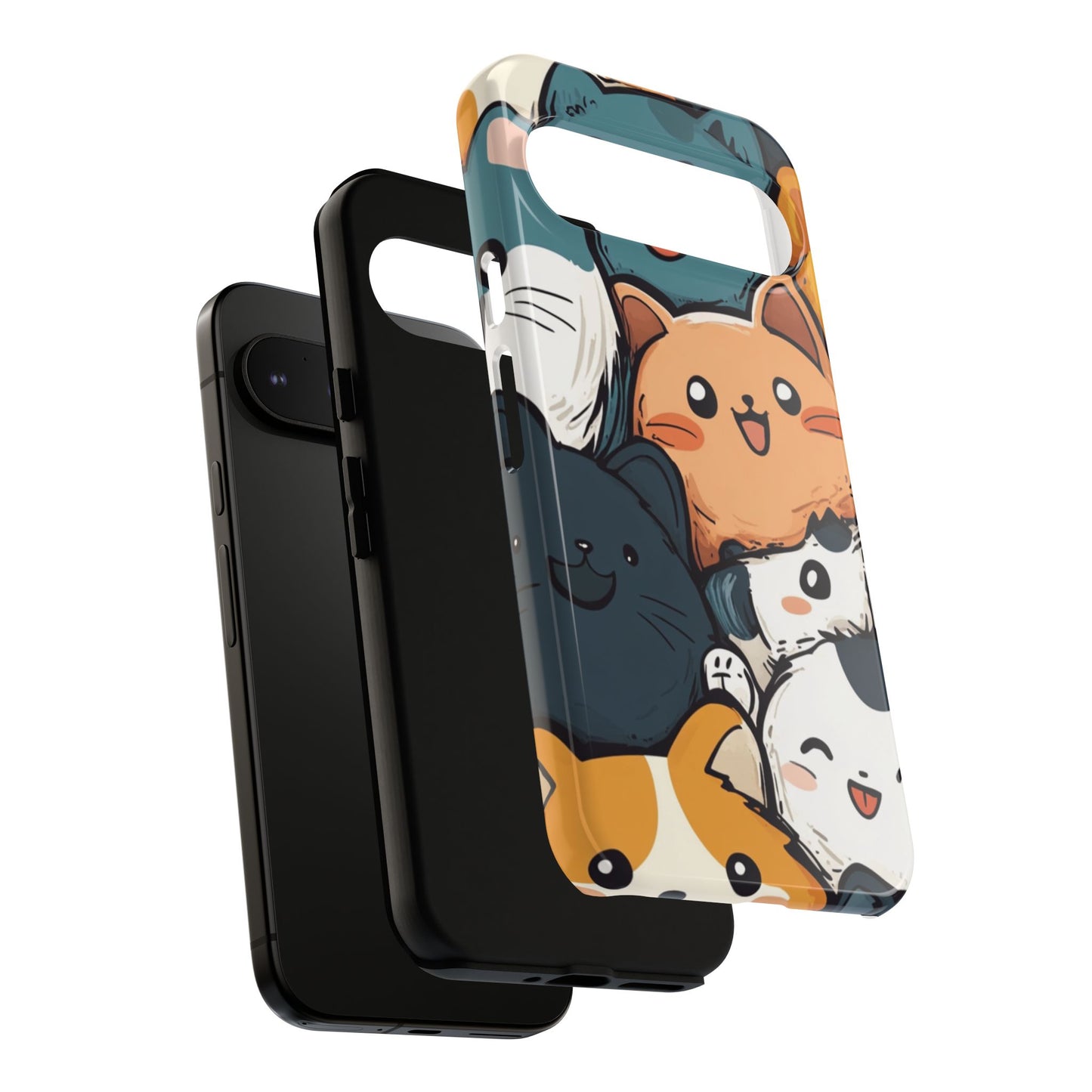 Multi-colored phone case with clustered, smiling Kawaii-style cat faces.