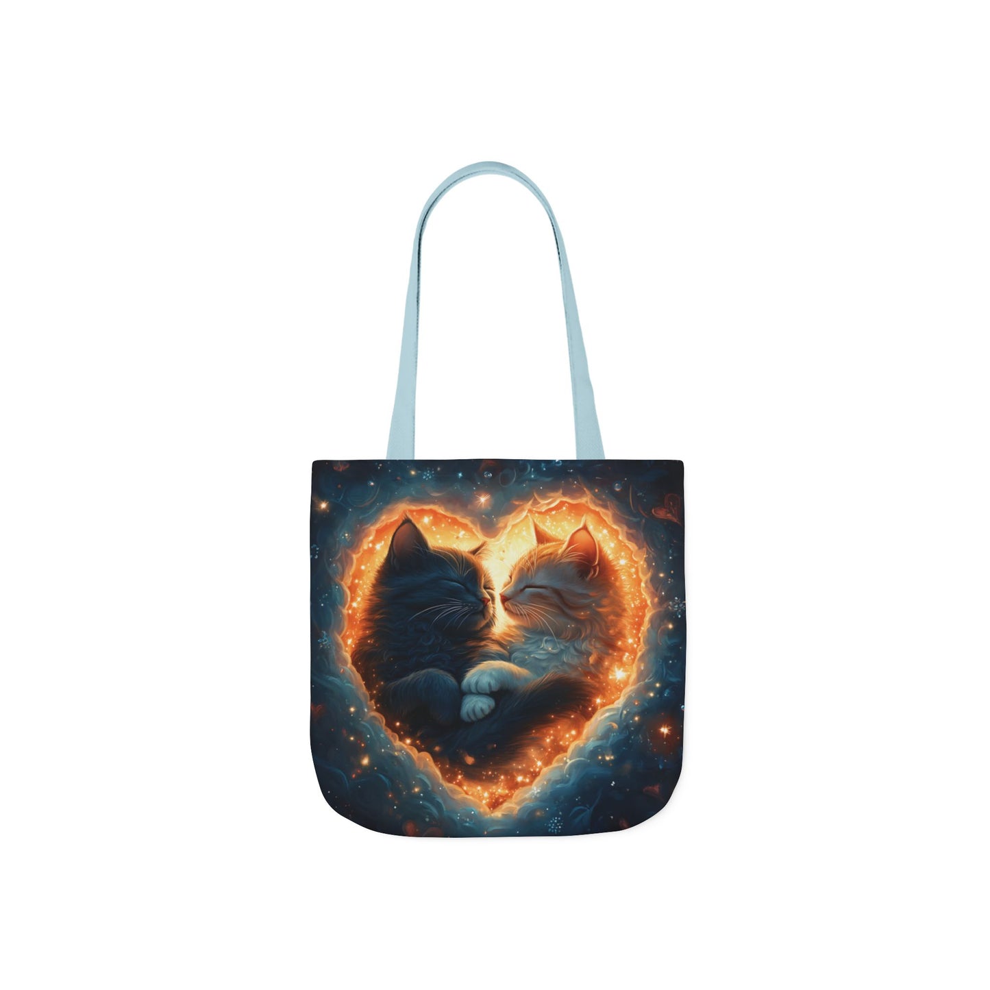 A vibrant heart composed of swirling stardust cradles two cuddling cats against a backdrop of a deep, colorful galaxy. This all-over print design covers the entirety of the Celestial Embrace Tote Bag.