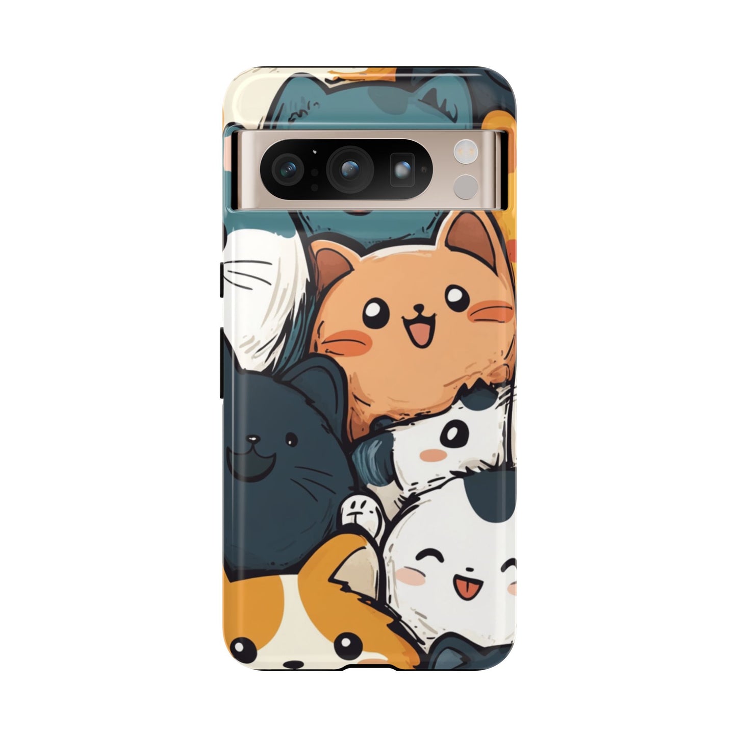 Multi-colored phone case with clustered, smiling Kawaii-style cat faces.