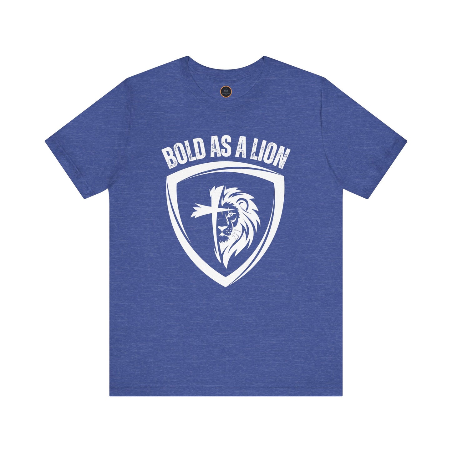 The Bold As A Lion t-shirt: Featuring a graphic with half of a lion's face merging into half of a cross within a shield outline. The text "bold as a lion" is printed above the graphic.