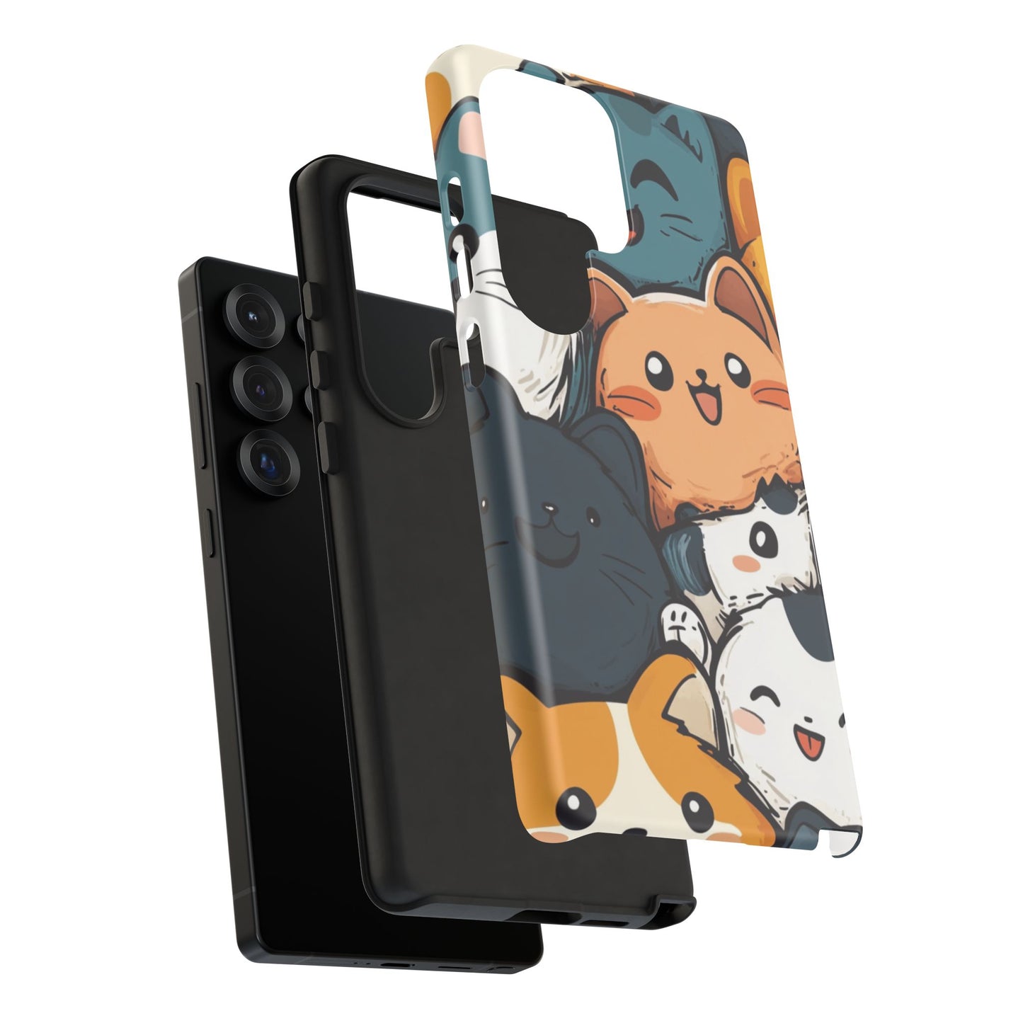 Multi-colored phone case with clustered, smiling Kawaii-style cat faces.