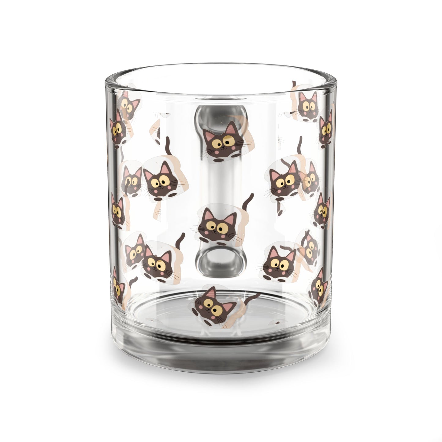 Clear glass "Morning Meow" mug with an all-over print of a wide-eyed brown cat peering its head through a slice of toast.