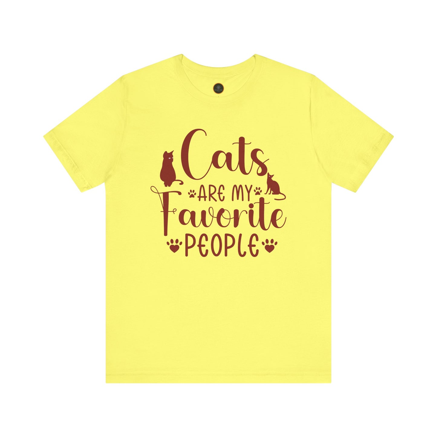 A t-shirt displays the text "Cats are my favorite people" in large letters, complemented by a design of four cat paw prints and two cat silhouettes.