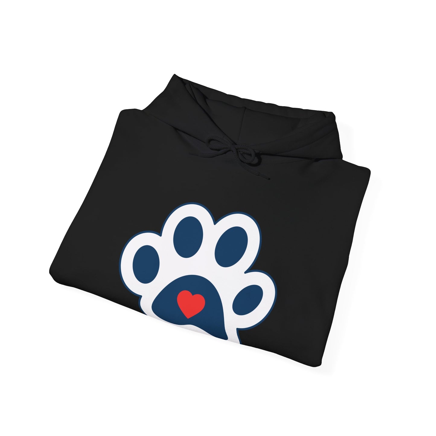 Heart In Paw hoodie: Blue and white cat paw graphic with a red heart in the center.