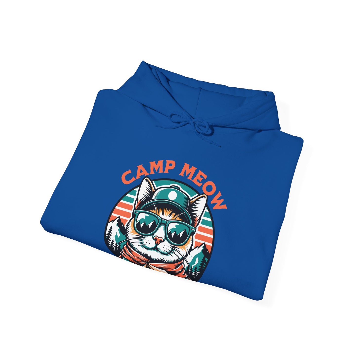 Folded Camp Meow Royal Blue Hoodie: Retro illustration of a cat wearing sunglasses and a scout uniform, standing in front of a mountain landscape.
