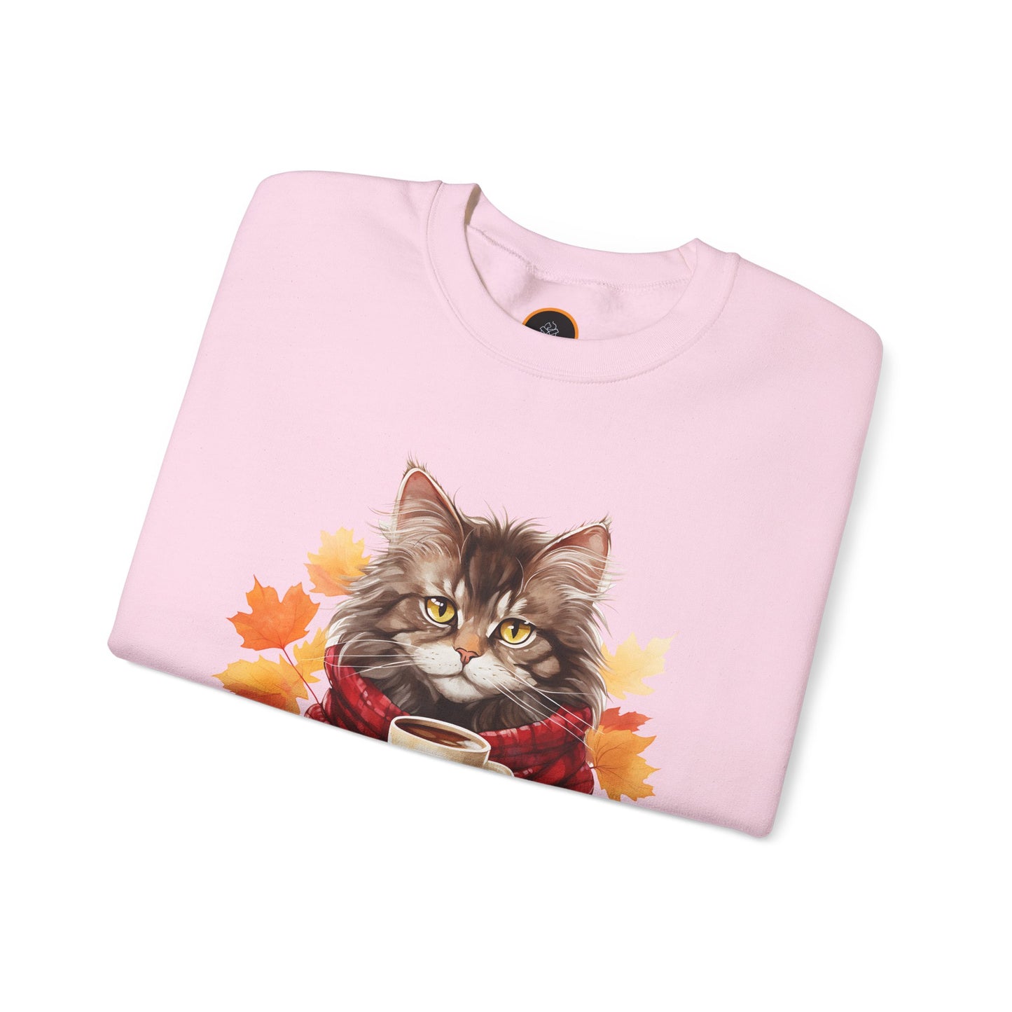 Autumn Kitty Crewneck Sweatshirt image: A cat graphic wearing a scarf and holding a hot drink, positioned within a design of fall leaves.