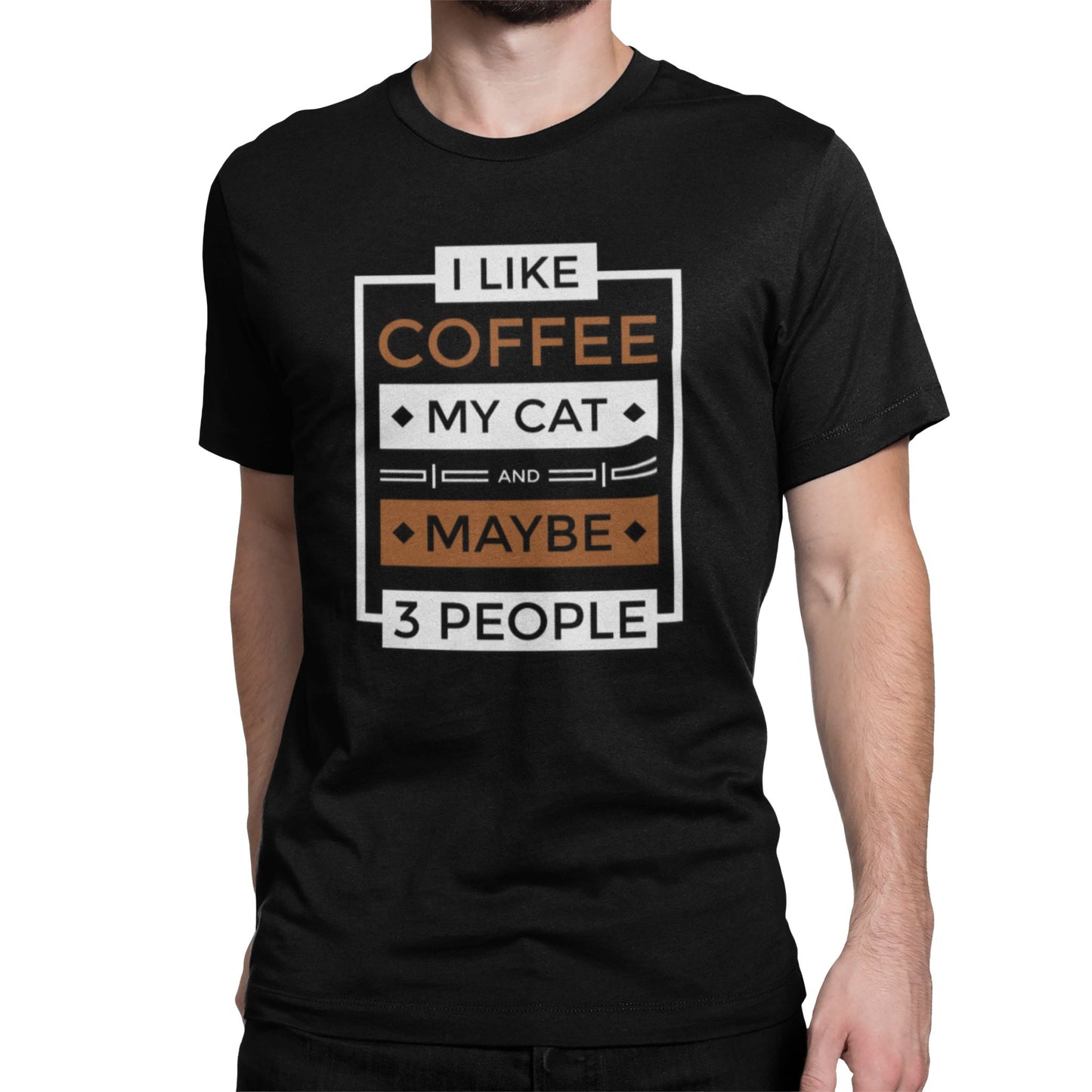 T-shirt with a text graphic on the front that reads "I like coffee my cat and maybe 3 people."
