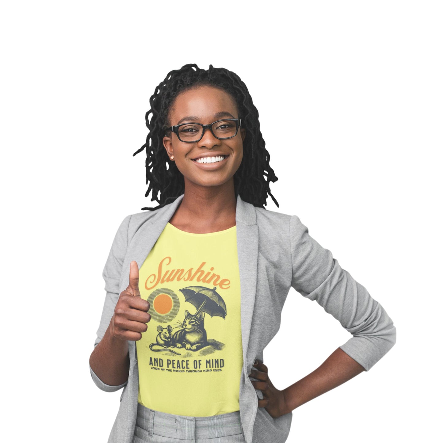 A model is shown wearing the "Sunshine and Peace of Mind" T-shirt. The graphic of a cat and mouse sharing shade under a sunny beach umbrella.