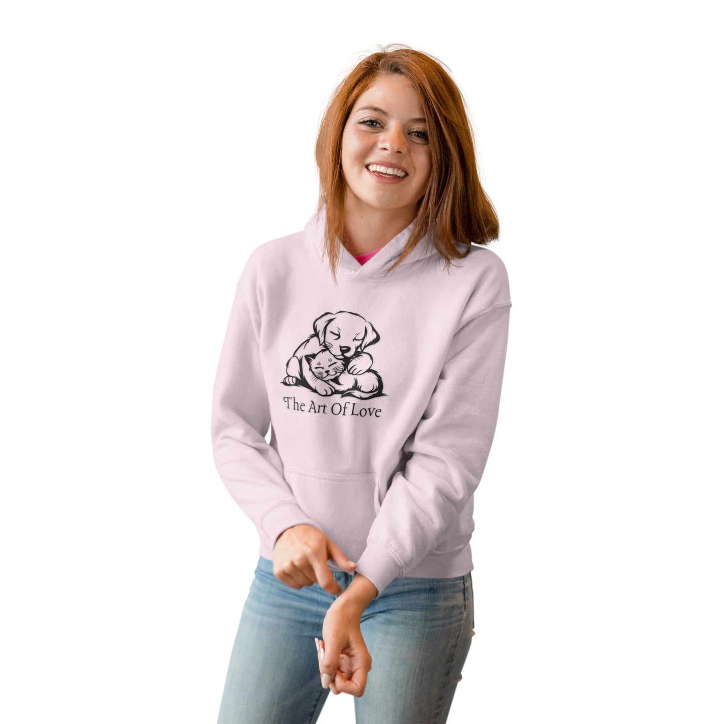 Model wearing "The Art Of Love" Hoodie: Features a simple line art drawing of a puppy gently embracing a kitten. Below the illustration is the text "the art of love"