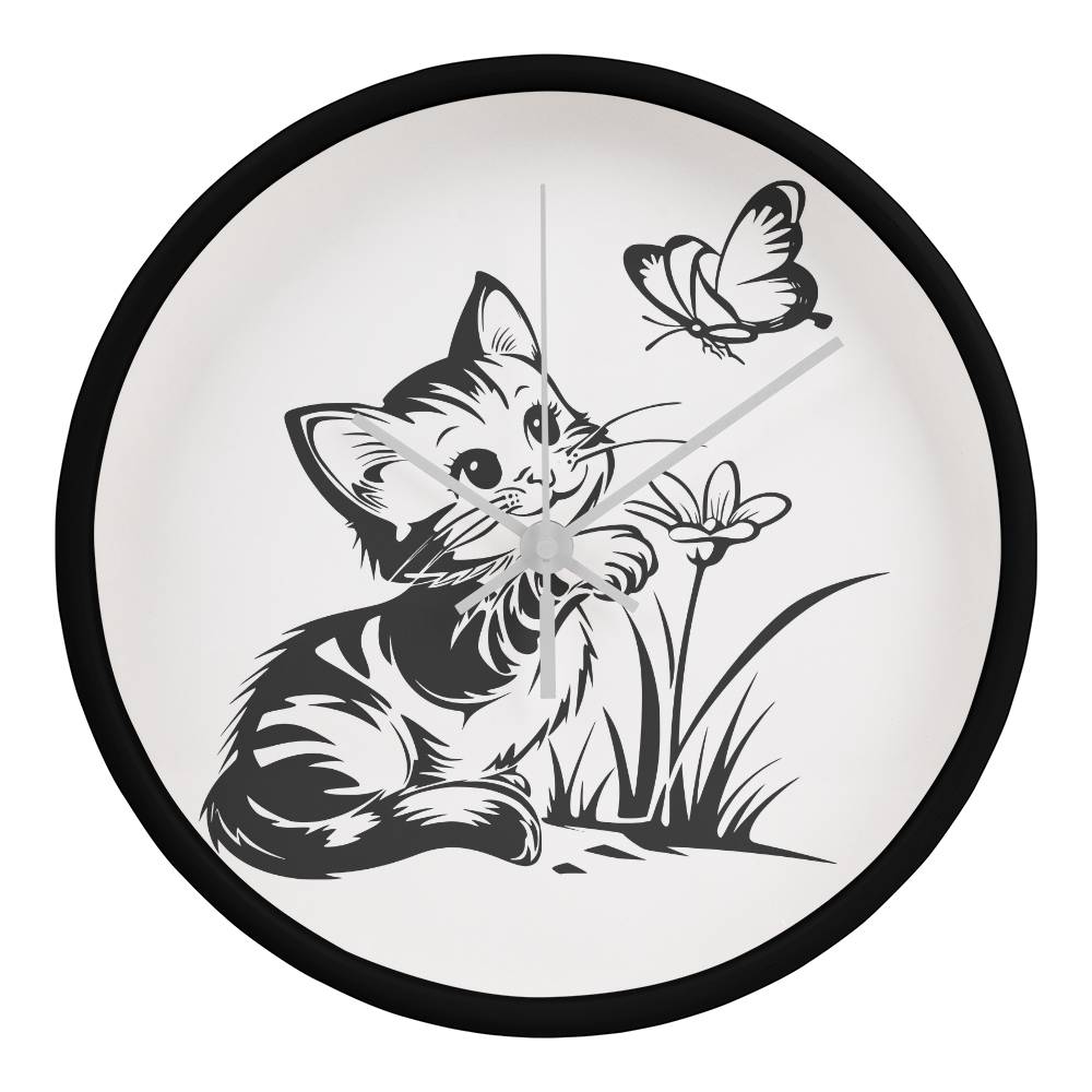 A clock featuring a line art design of a playful encounter between a curious kitten and a gentle butterfly