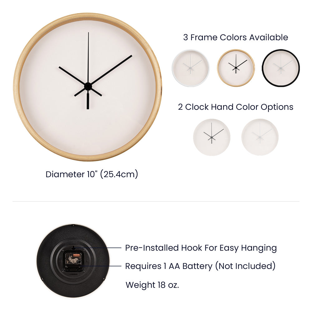 Clock diagram, showcasing the battery slot, preinstalled hook, diameter, and the color options for the wood frame and clock hands.